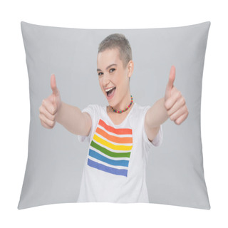 Personality  Joyful Woman In Rainbow Colors T-shirt Showing Thumbs Up Isolated On Grey Pillow Covers