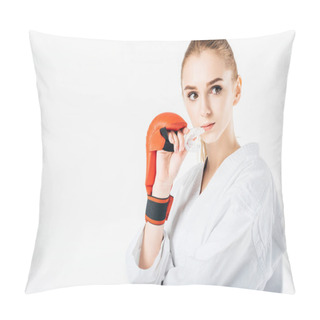 Personality  Female Karate Fighter Holding Mouthguard And Looking Away Isolated On White Pillow Covers
