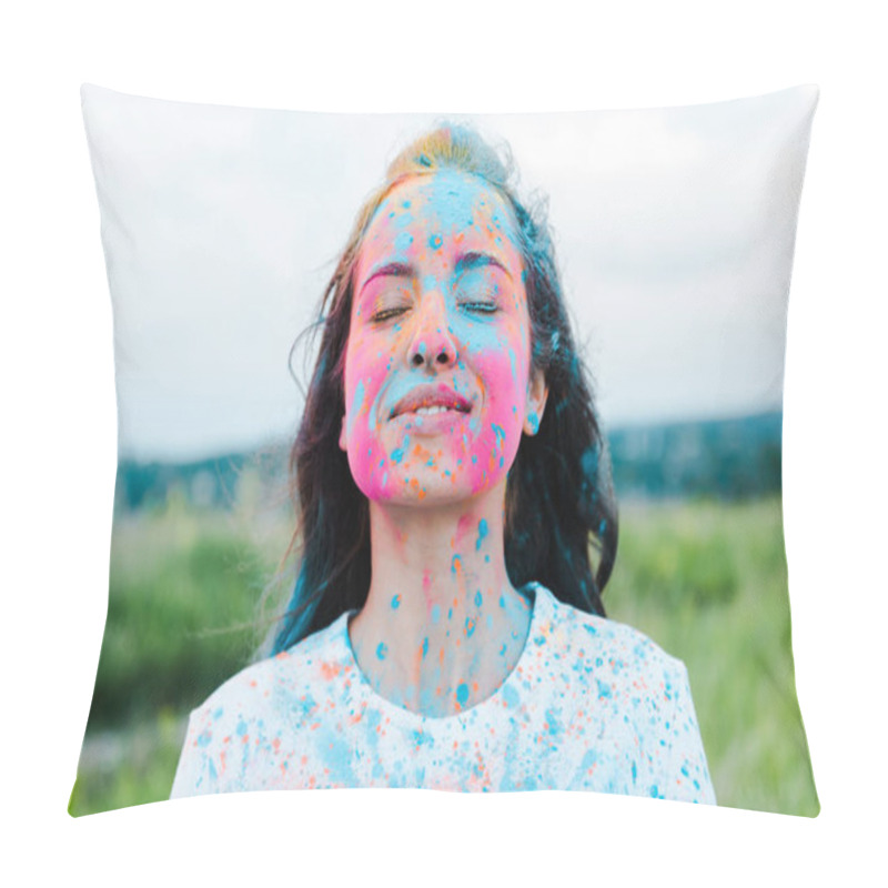 Personality  positive woman with closed eyes and colorful holi paints on face  pillow covers