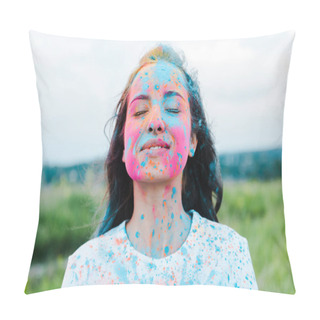 Personality  Positive Woman With Closed Eyes And Colorful Holi Paints On Face  Pillow Covers
