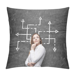 Personality  A Side View Of Beautiful Woman Who Is Pondering About Possible Solutions Of The Complicated Problem. Many Arrows With Different Directions Are Drawn Around Her Head. Black Chalkboard Background. Pillow Covers