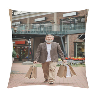 Personality  Happy Bearded Man Walking With Shopping Bags, Senior Life, Urban Street, Positive, Stylish Outfit Pillow Covers