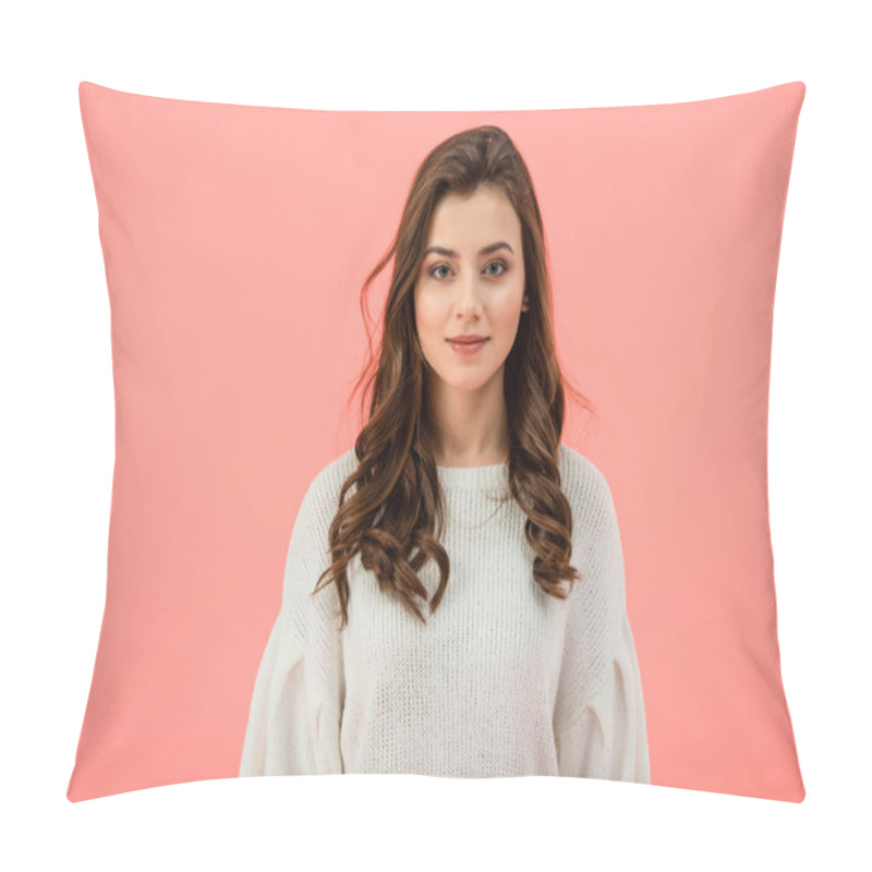Personality  Smiling And Attractive Woman In White Sweater Looking At Camera Isolated On Pink Pillow Covers
