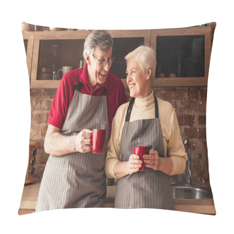Personality  Married Seniors Enjoying Calm Start Of The Day At Kitchen Pillow Covers