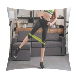 Personality  Partial View Of Sportswoman Training With Resistance Band At Home In Living Room Pillow Covers