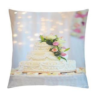 Personality  A Multi Level White Wedding Cake On A Silver Base And Pink Flowers On Top Pillow Covers