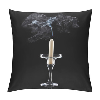 Personality  Extinct White Candle In Glass Candlestick With Smoke On Black Background Pillow Covers
