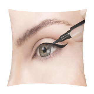 Personality  Beautiful Model Applying Eyeliner Closeup On Eye Pillow Covers