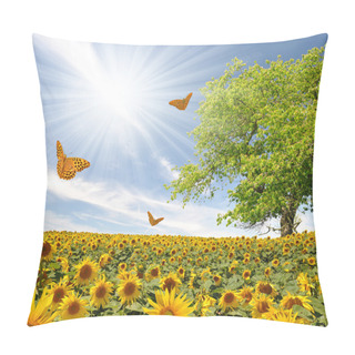 Personality  Sunflower Field With Butterfly Pillow Covers