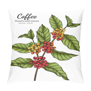Personality  Coffee Flower And Leaf Drawing Illustration With Line Art On White Backgrounds. Pillow Covers
