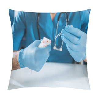 Personality  Cropped View Of Veterinarian In Latex Gloves Holding White Mouse And Pipette With Medicine Pillow Covers