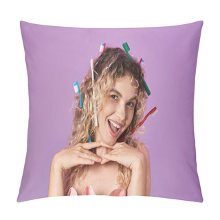 Personality  Lovely Attractive Tooth Fairy With Toothbrushes In Her Curly Hair Smiling Cheerfully At Camera Pillow Covers