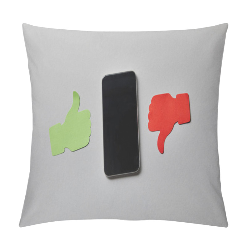 Personality  Smartphone Near Thumb Up And Thumb Down Paper Sign On White Surface Pillow Covers