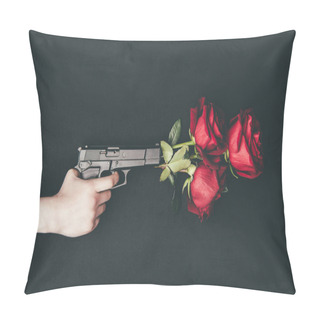 Personality  Woman Shooting Gun With Red Roses Isolated On Black Pillow Covers
