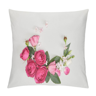 Personality  Top View Of Floral Composition Made Of Pink Roses Isolated On White Pillow Covers
