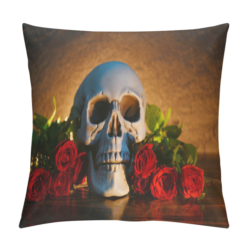 Personality  Red roses flower bouquet on rustic wood with skull and candlelig pillow covers
