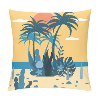 Personality  Landscape Sunset Tropics Exotic Flora Plants, Palm Trees, Leaves, Cacti. Trend Fleet Cartoon Style, Vector, Illustration, Isolated, Banner, Poster, Postcard, Template Pillow Covers
