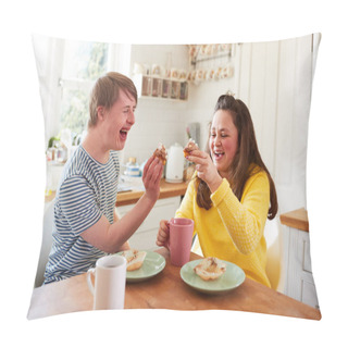 Personality  Young Downs Syndrome Couple Enjoying Tea And Cake In Kitchen At Home Pillow Covers