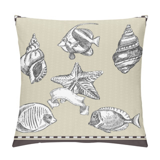 Personality  Set Of Sea Fish,seashell And Starfish. Retro Style Vector Illustration. Isolated On Grey Background Pillow Covers