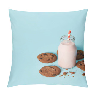 Personality  Closeup View Of Chocolate Cookies And Milkshake In Bottle With Drinking Straw On Blue Background  Pillow Covers