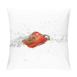Personality  Whole Tasty Fresh Red Bell Pepper With Clear Water Splash And Drops Isolated On White Pillow Covers
