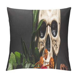 Personality  Orange Flower Near Creepy Skull And Dried Lotus Pod On Black, Banner Pillow Covers