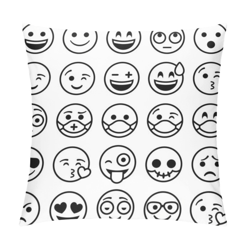 Personality  Set of 25 emoticons describing different emotions, some with face masks. Black thin outline on a white background. pillow covers