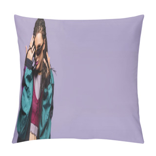 Personality  Woman In Vintage Clothes And Sunglasses Looking At Camera Isolated On Purple, Banner  Pillow Covers