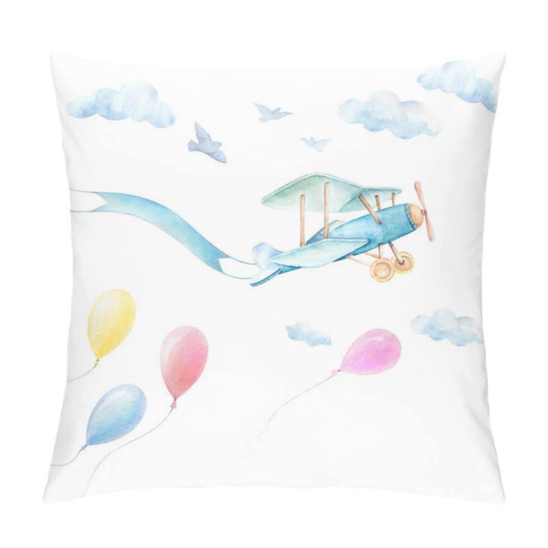 Personality  Watercolor baby clipart. Baby Shower Boy. Airplane fly with ribbon.  Blue clouds, birds, balloons fy in sky. Baby shower poster background. Print quality. Pre-made composition pillow covers