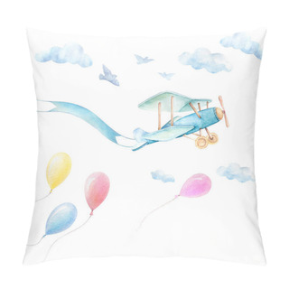 Personality  Watercolor Baby Clipart. Baby Shower Boy. Airplane Fly With Ribbon.  Blue Clouds, Birds, Balloons Fy In Sky. Baby Shower Poster Background. Print Quality. Pre-made Composition Pillow Covers