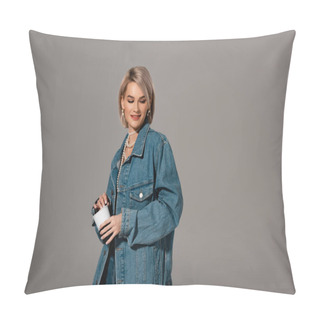 Personality  Attractive And Smiling Woman In Denim Jacket Holding Insulated Mug Isolated On Grey Pillow Covers