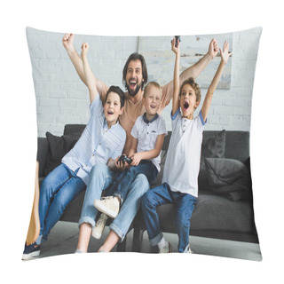Personality  Happy Father And Little Sons Sitting On Sofa And Playing Video Games Together At Home Pillow Covers