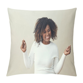 Personality  Cheerful Woman With Frizzy Hairstyle Dancing Against White Background. Smiling Pillow Covers