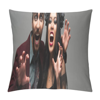 Personality  Creepy Interracial Couple In Halloween Costumes Showing Scary Gesture And Growling Isolated On Grey, Banner Pillow Covers