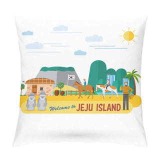 Personality  Flat Design, Illustration Of Landmarks And Icons In Jeju Island, South Korea, Vector Pillow Covers