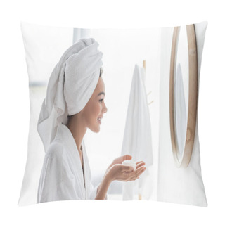 Personality  Side View Of Happy African American Woman In Bathrobe Holding Container With Face Cream And Looking At Mirror  Pillow Covers