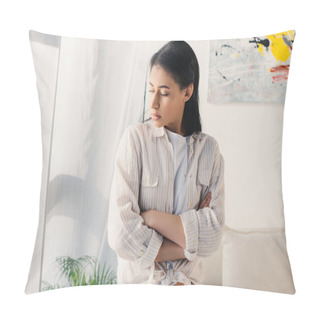 Personality  Upset Latin Woman Looking Down While Standing With Crossed Arms At Home Pillow Covers