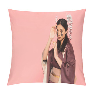 Personality  Young Asian Woman With Hieroglyphs On Face Posing Isolated On Pink  Pillow Covers