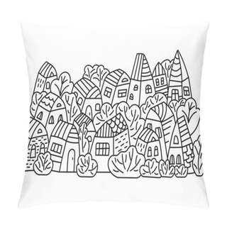 Personality  Cute Cartoon Houses . Hand Drawn Coloring Book For Children And Adults. Black And White Vector Illustration, Pillow Covers