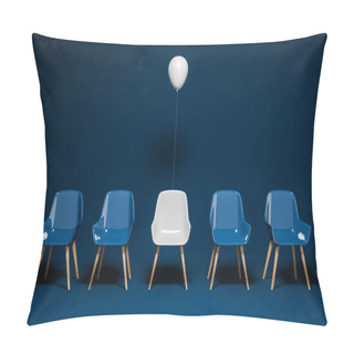 Personality  Row Of Dark Blue Chairs With A White Chair And A Balloon Above It. Concept Of Choice And Being Unique. 3d Rendering Copy Space Pillow Covers