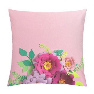 Personality  Top View Of Colorful Paper Flowers And Green Plants With Leaves On Pink Background Pillow Covers