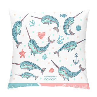 Personality  Set Of Hand Drawn Cute Funny Narwhals. Doodle Whales For Print Designs, Posters, T-shirts.  Pillow Covers