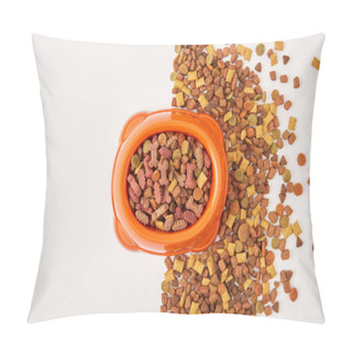 Personality  Top View Of Arranged Plastic Bowl And Pile Of Dog Food On White Surface Pillow Covers