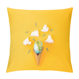 Personality  Top View Of Earth Globe In Waffle Cone With Clouds Made Of Cotton On Yellow Pillow Covers