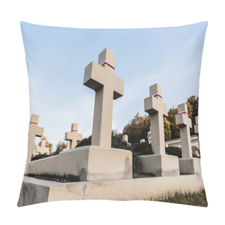 Personality  LVIV, UKRAINE - OCTOBER 23, 2019: Low Angle View Of Stone Crosses On Polish Graves In Lychakiv Cemetery In Lviv, Ukraine Pillow Covers