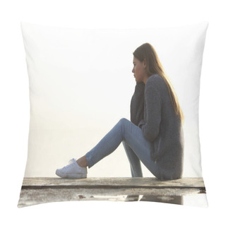 Personality  Side View Portrait Of A Sad Girl Looking Away Alone Sitting Outdoors Contemplating Horizon  Pillow Covers