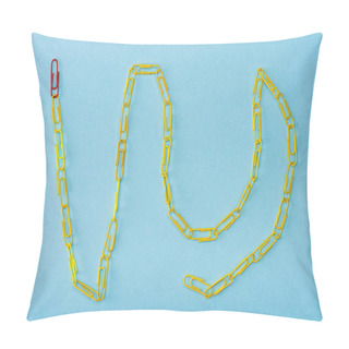 Personality  Top View Of Chain With Unique Red And Yellow Paper Clips On Blue Pillow Covers
