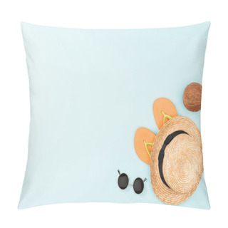 Personality  Top View Of Sunglasses, Flip Flops, Straw Hat And Coconut On Blue Background  Pillow Covers