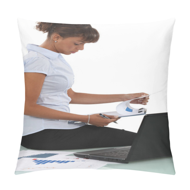 Personality  Woman Reviewing The Results Of A Market Research Pillow Covers
