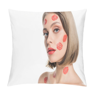 Personality  Red Kiss Prints On Cheeks And Body Of Pretty Young Woman Isolated On White Pillow Covers
